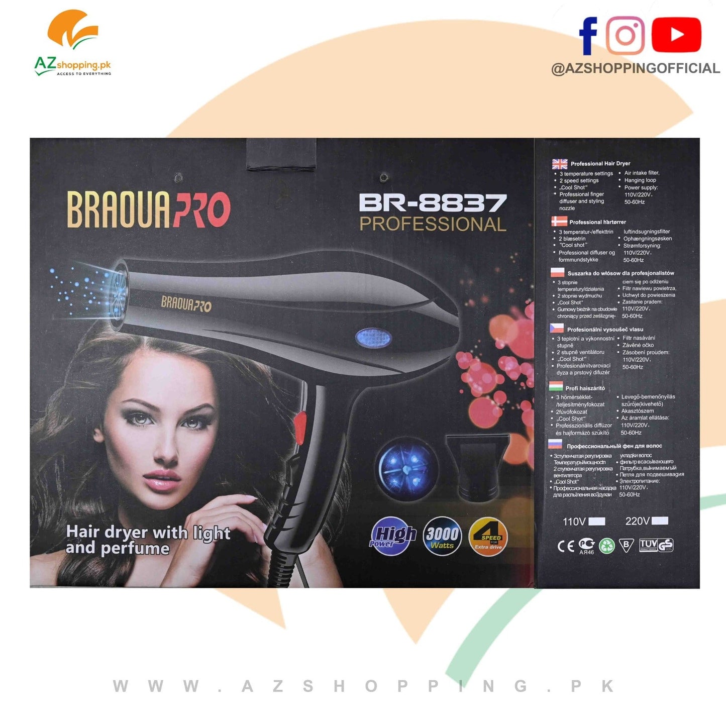 Braoua Pro – Hair Dryer with Light & Perfume 3000W – 3 Temperature Settings & 2 Speed Settings – KhanRise