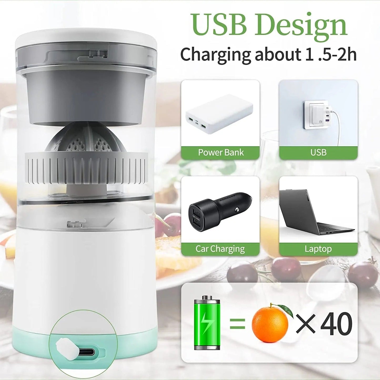 Citrus Juicer Machine – Electric USB Rechargeable Fruit Juicer & Squeezer for Orange, Lemon, Lime, and Grapefruit – Easy Press, Powerful Motor, Easy to Clean